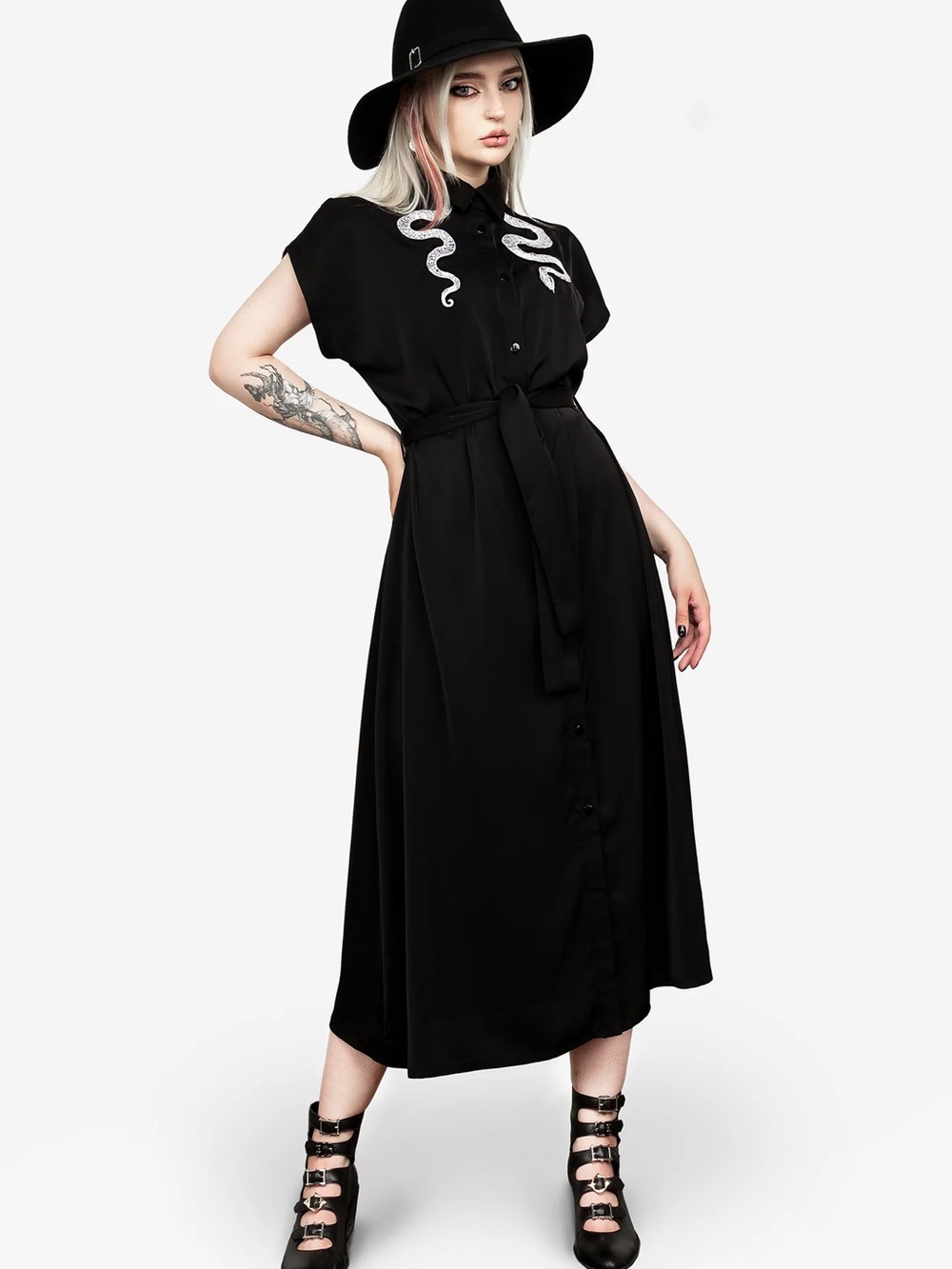 Disturbia Slither Relaxed Midi Shirt Dress with White Snake Embroidery Gothic